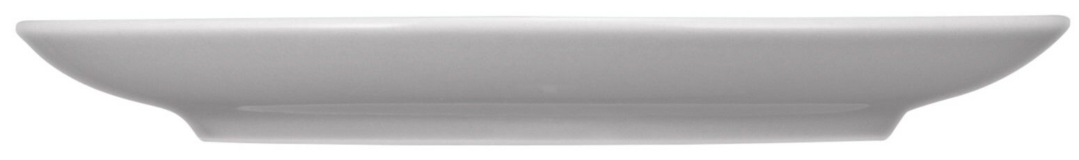 Seitliche Ansicht einer großen, weißen Kombi-Untertasse mit schlichtem Design.