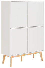 Weißes Highboard mit vier Türen und Holzbeinen, seitliche Perspektive