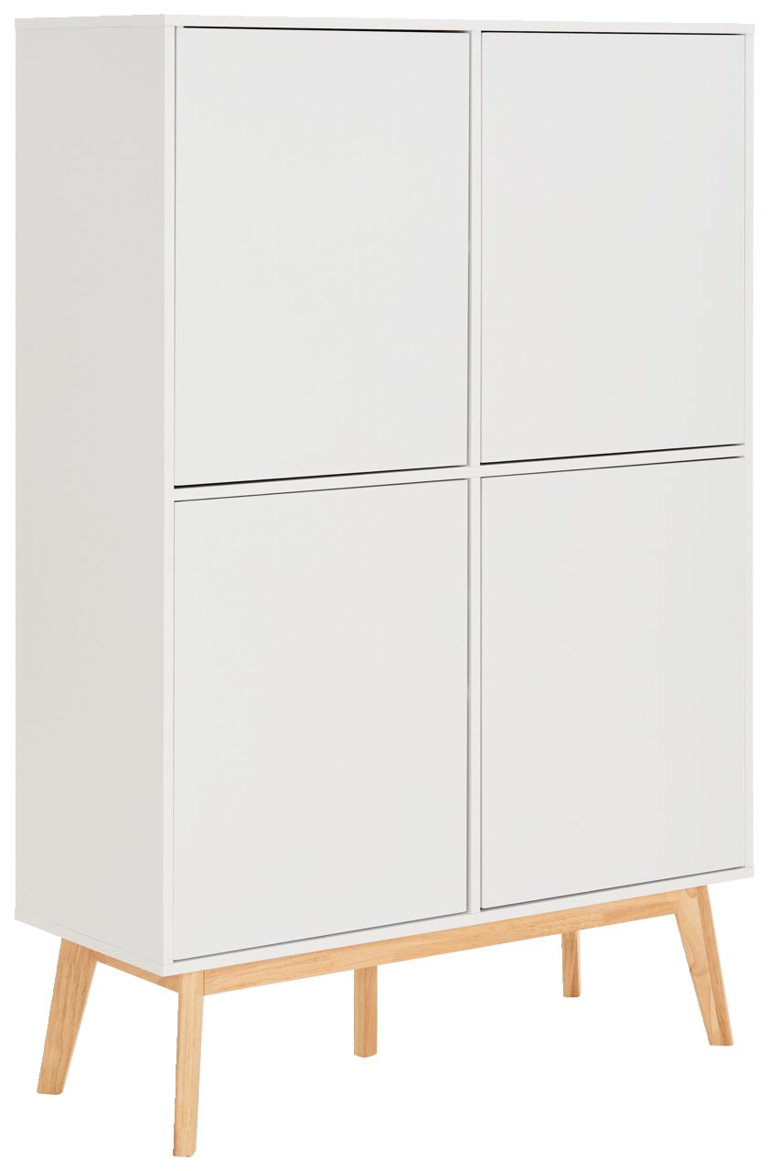Weißes Highboard mit vier Türen und Holzbeinen, seitliche Perspektive