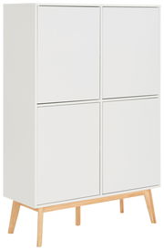 Weißes Highboard mit vier Türen und Holzbeinen, seitliche Perspektive