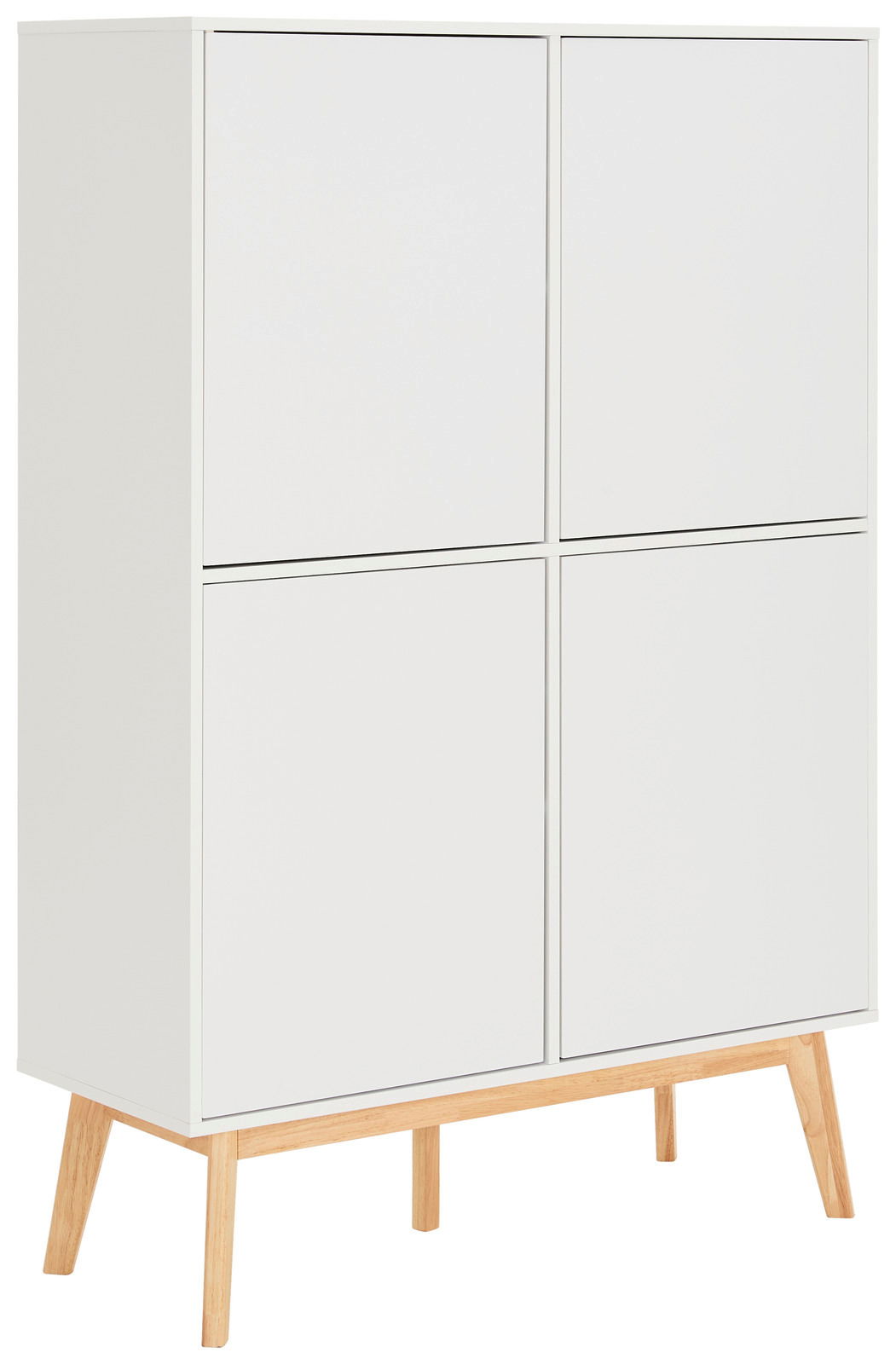 Weißes Highboard mit vier Türen und Holzbeinen, seitliche Perspektive