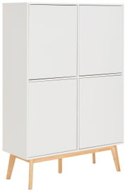 Weißes Highboard mit vier Türen und Holzbeinen, seitliche Perspektive