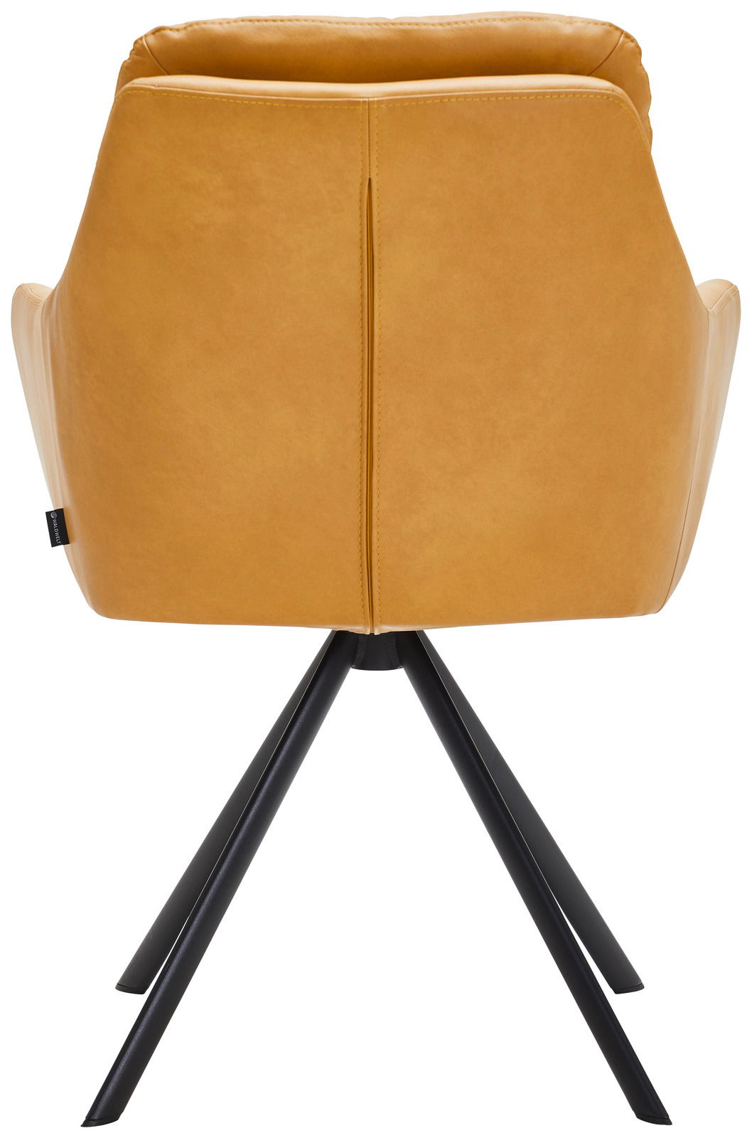 Rückansicht eines Armlehnstuhls mit senfgelbem Bezug und schwarzen Metallbeinen.