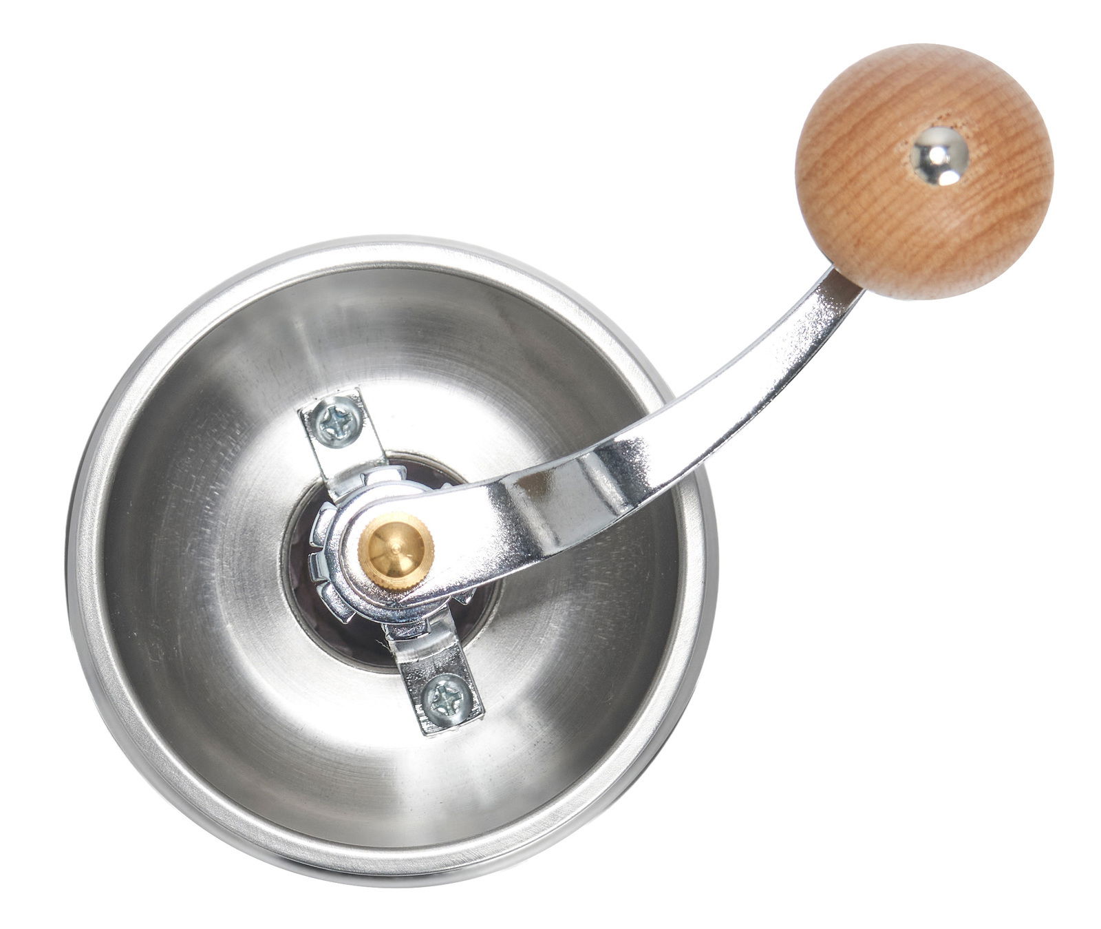 Ansicht von oben auf eine manuelle Kaffeemühle mit Holzgriff und Edelstahlgehäuse.
