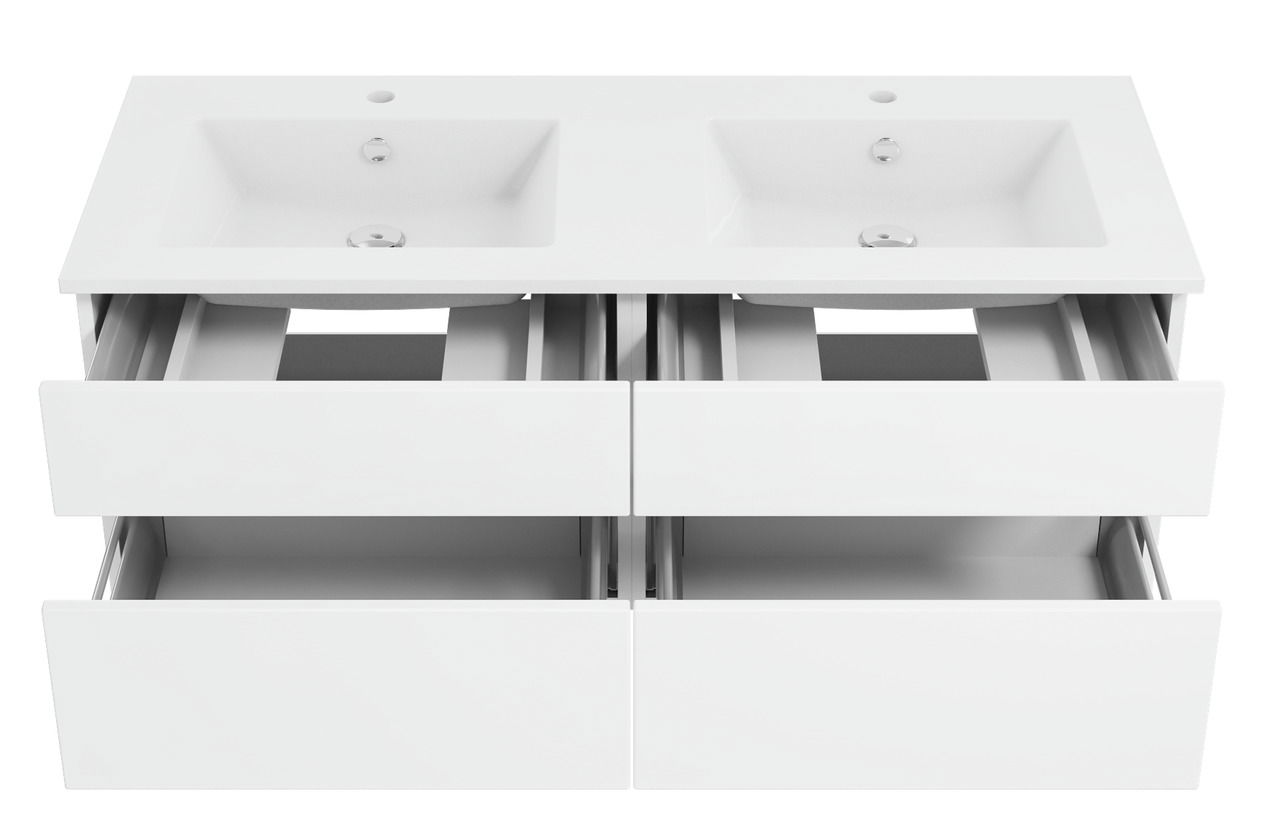 Weiße Badkombination mit zwei Waschbecken und vier Schubladen, Ansicht von vorne