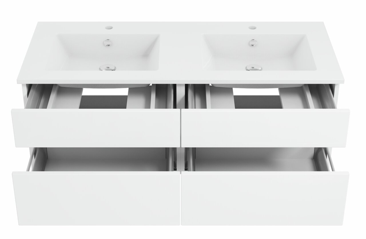 Weiße Badkombination mit zwei Waschbecken und vier Schubladen, Ansicht von vorne