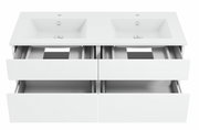 Weiße Badkombination mit zwei Waschbecken und vier Schubladen, Ansicht von vorne