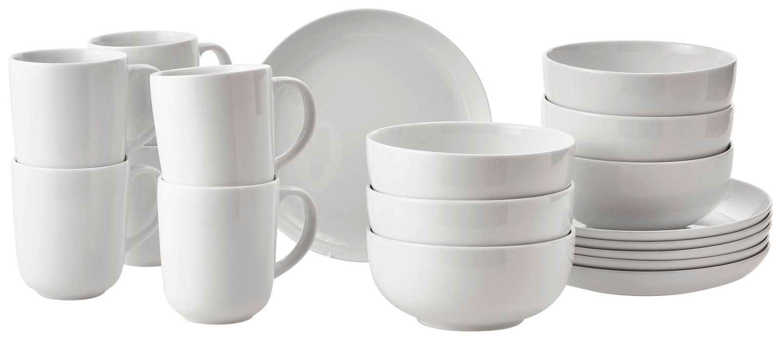 Weißes Kaffeeservice und Tafelservice aus Porzellan, bestehend aus Tassen, Schalen und Tellern, seitliche Perspektive