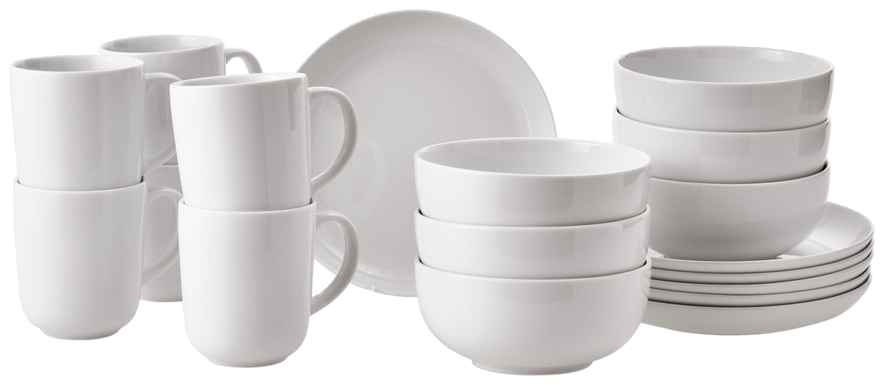 Weißes Kaffeeservice und Tafelservice aus Porzellan, bestehend aus Tassen, Schalen und Tellern, seitliche Perspektive