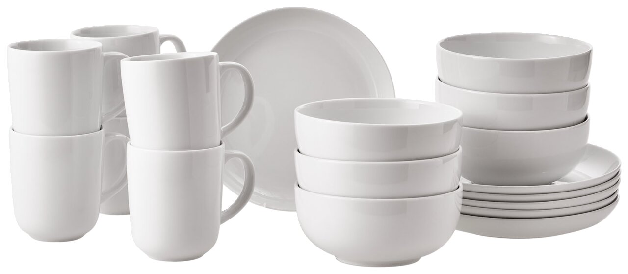 Weißes Kaffeeservice und Tafelservice aus Porzellan, bestehend aus Tassen, Schalen und Tellern, seitliche Perspektive