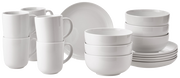 Weißes Kaffeeservice und Tafelservice aus Porzellan, bestehend aus Tassen, Schalen und Tellern, seitliche Perspektive