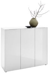 Moderner XL-Schuhschrank in Weiß mit drei Türen, dekoriert mit einer Vase und Zweigen, seitliche Perspektive.