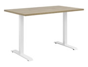 Moderner Schreibtisch mit Holzplatte und weißen Metallbeinen, seitliche Perspektive