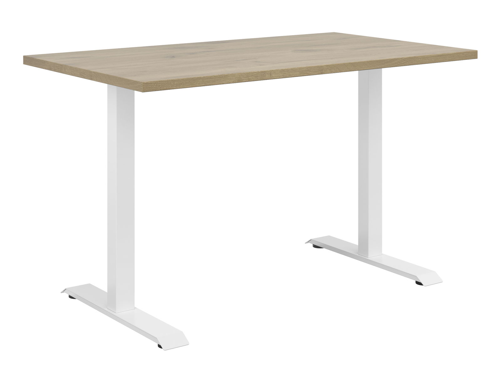 Moderner Schreibtisch mit Holzplatte und weißen Metallbeinen, seitliche Perspektive