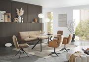 Moderner Esstisch 180x100cm in einem stilvollen Esszimmer mit braunen Stühlen und einer gemütlichen Bank, seitliche Perspektive.