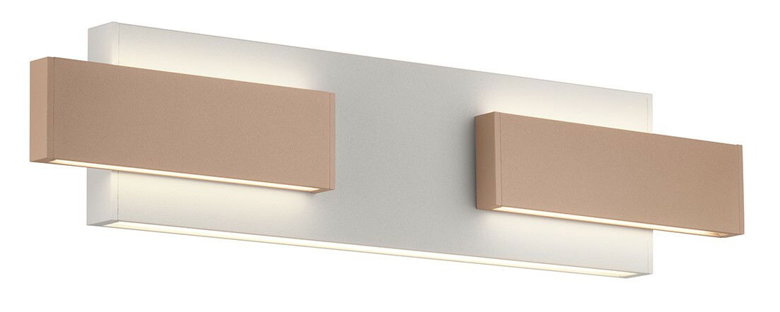 Moderne Wandleuchte mit zwei rechteckigen, horizontalen Leuchtelementen in einer warmen, neutralen Farbe, seitliche Perspektive.