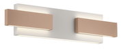 Moderne Wandleuchte mit zwei rechteckigen, horizontalen Leuchtelementen in einer warmen, neutralen Farbe, seitliche Perspektive.