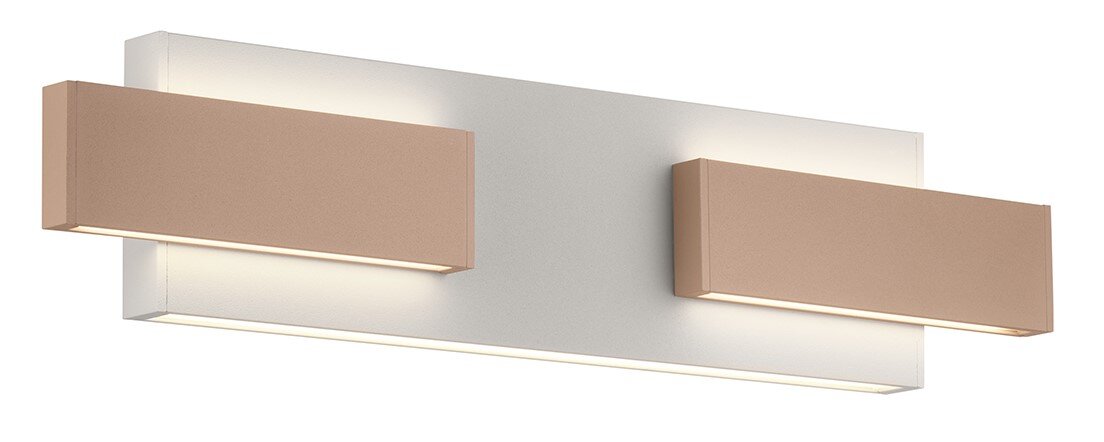 Moderne Wandleuchte mit zwei rechteckigen, horizontalen Leuchtelementen in einer warmen, neutralen Farbe, seitliche Perspektive.