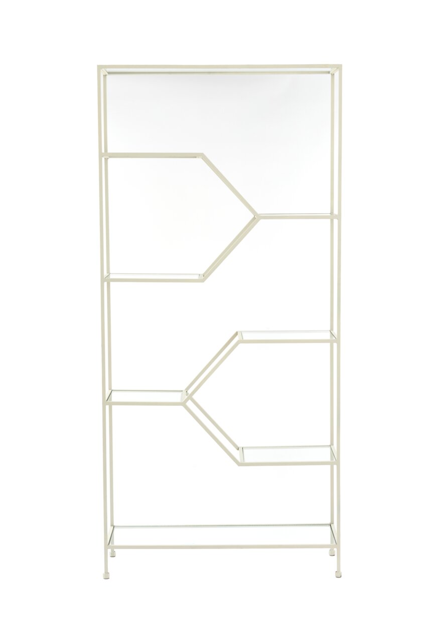 Modernes Standregal aus Metall mit geometrischem Design, frontal fotografiert.