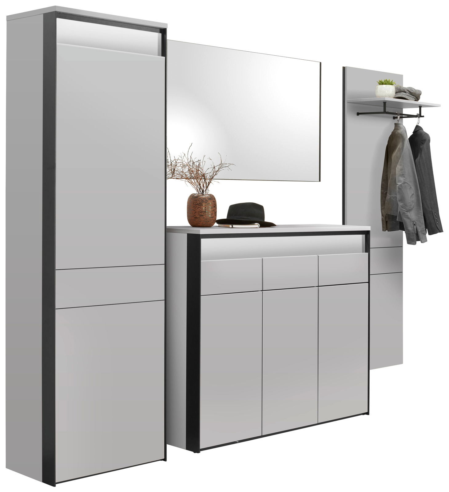 Modernes Garderoben-Set in Weiß und Schwarz, bestehend aus einem hohen Schrank, einem Spiegel, einer Kommode und einer Wandgarderobe mit Haken und Ablage. Perspektive: Frontalansicht.