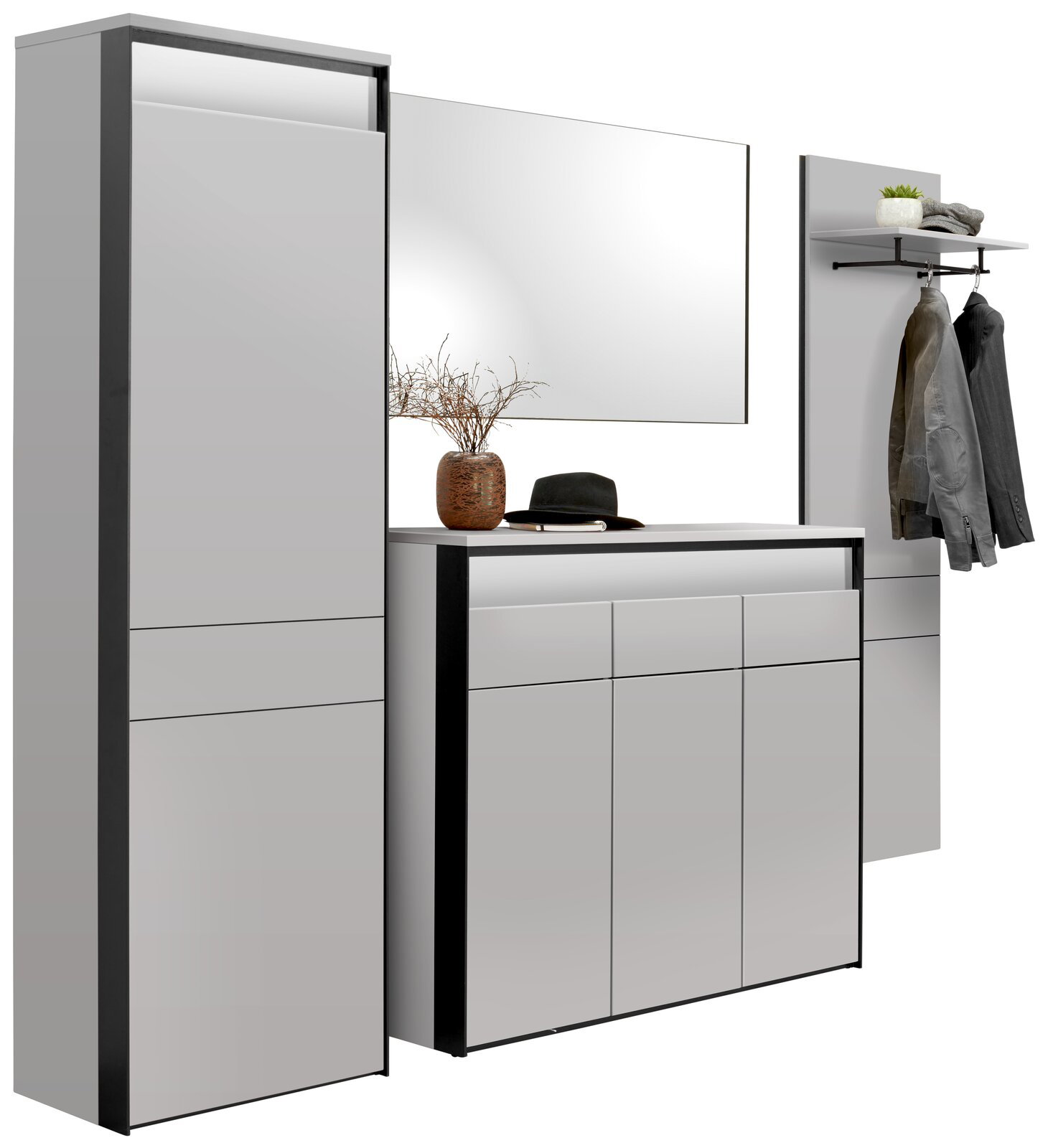 Modernes Garderoben-Set in Weiß und Schwarz, bestehend aus einem hohen Schrank, einem Spiegel, einer Kommode und einer Wandgarderobe mit Haken und Ablage. Perspektive: Frontalansicht.