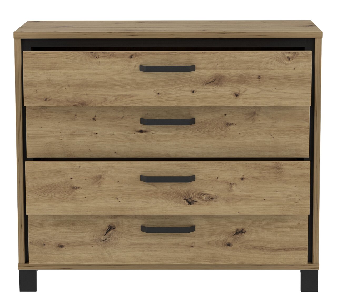 Kommode aus Holz mit drei Schubladen und schwarzen Griffen, Frontalansicht