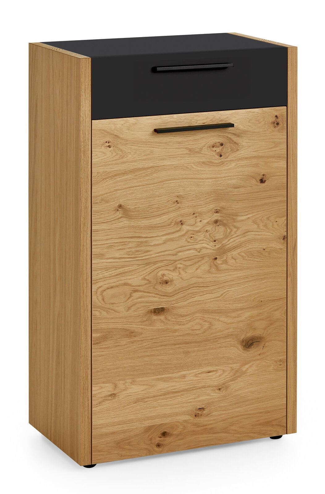 Schuhschrank aus Holz mit schwarzer Schublade, frontale Perspektive
