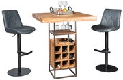 Barhocker-Set mit zwei grauen Hockern und einem Holztisch mit integriertem Weinregal, seitliche Perspektive