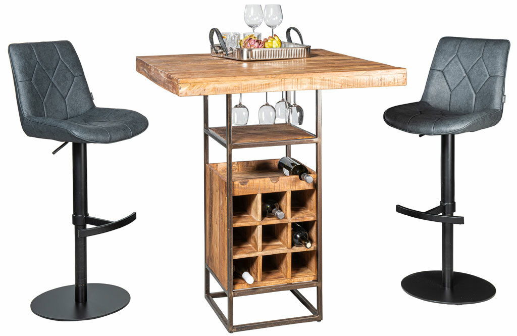Barhocker-Set mit zwei grauen Hockern und einem Holztisch mit integriertem Weinregal, seitliche Perspektive