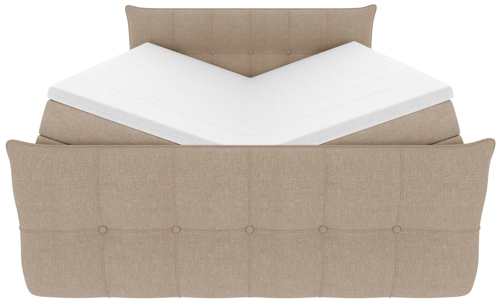 Beiges, gepolstertes Polsterbett mit Knopfheftung und weißer Matratze in V-Form, frontal von vorne in leicht erhöhter Perspektive dargestellt