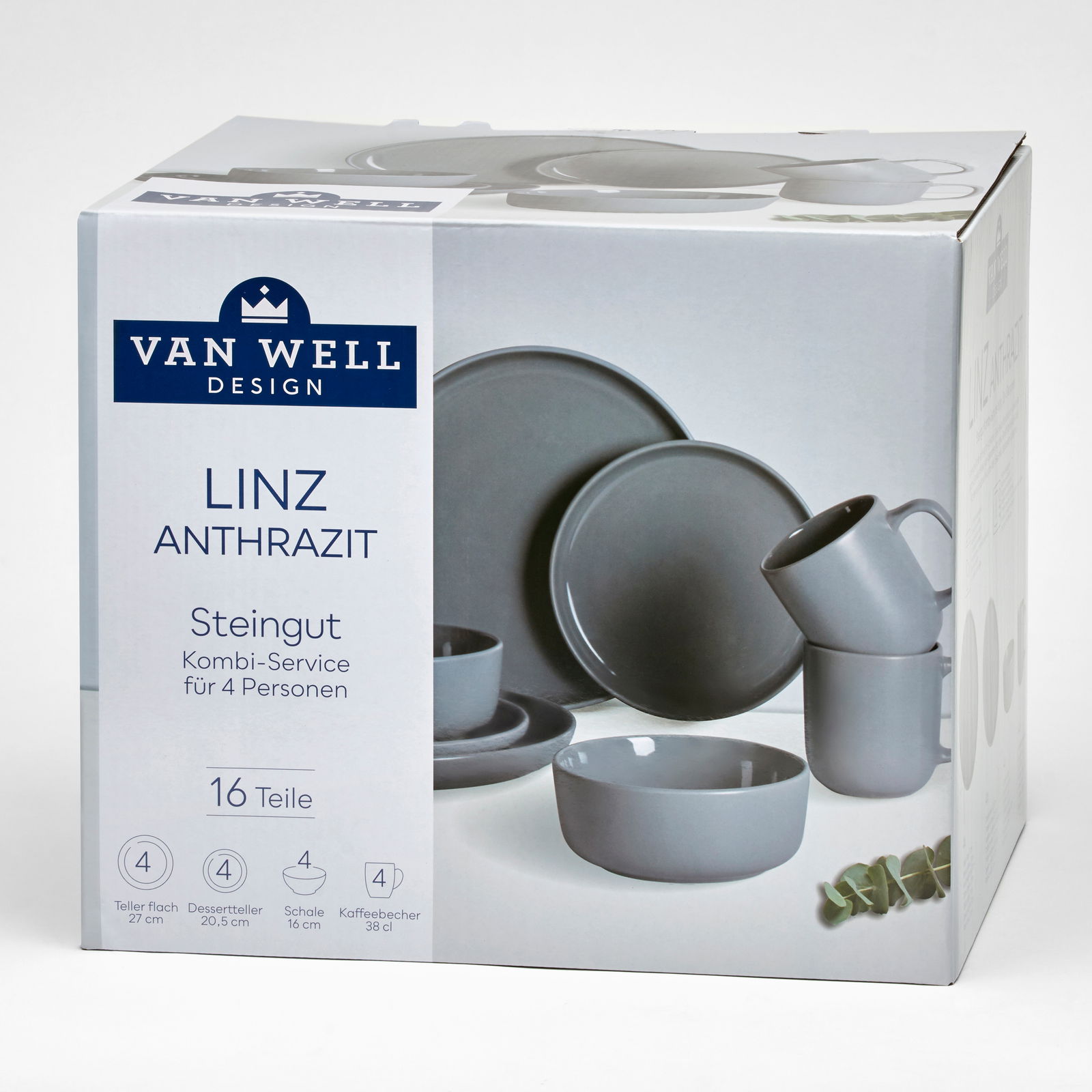 Verpackung des Van Well Design Kombiservice Linz in Anthrazit, 16-teilig, aus Steingut, für 4 Personen, seitliche Perspektive