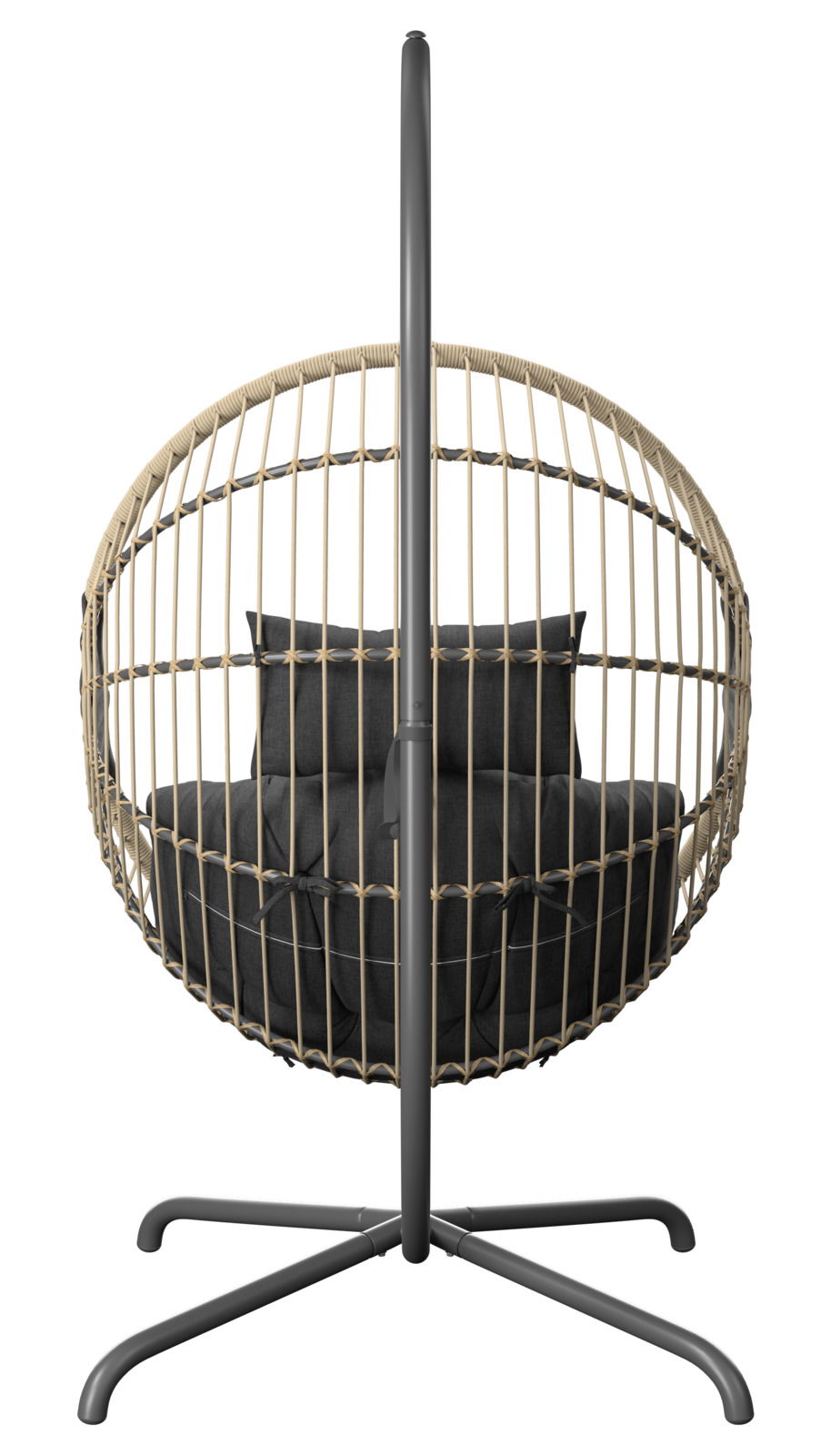 Hängesessel aus Rattan mit schwarzem Kissen, Vorderansicht