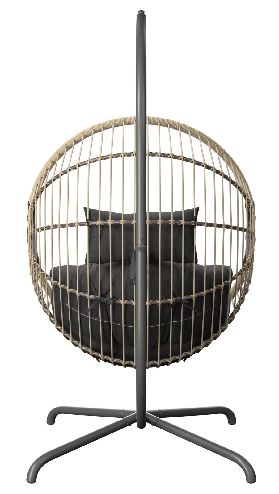 Hängesessel aus Rattan mit schwarzem Kissen, Vorderansicht