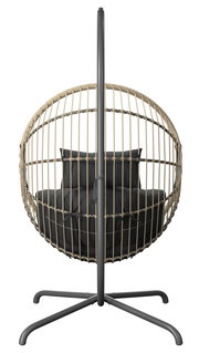 Hängesessel aus Rattan mit schwarzem Kissen, Vorderansicht