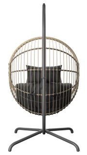 Hängesessel aus Rattan mit schwarzem Kissen, Vorderansicht