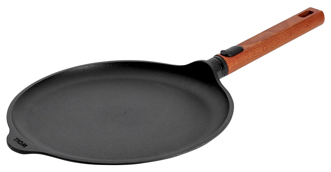 Gusseiserne Crêpepfanne mit Holzgriff, seitliche Perspektive