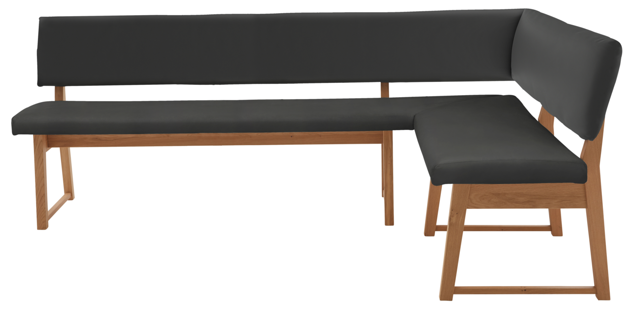 Eckbank mit schwarzer Polsterung und Holzgestell, Perspektive von vorne