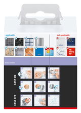 Verpackung des tesa MOON BLACK Handtuchhakens mit Anwendungsanleitung und Materialhinweisen, Vorderansicht.