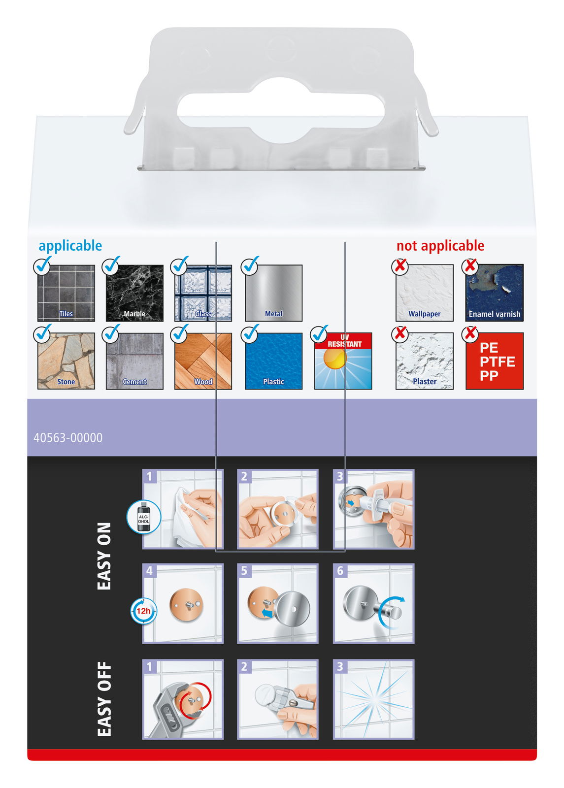 Verpackung des tesa MOON BLACK Handtuchhakens mit Anwendungsanleitung und Materialhinweisen, Vorderansicht.