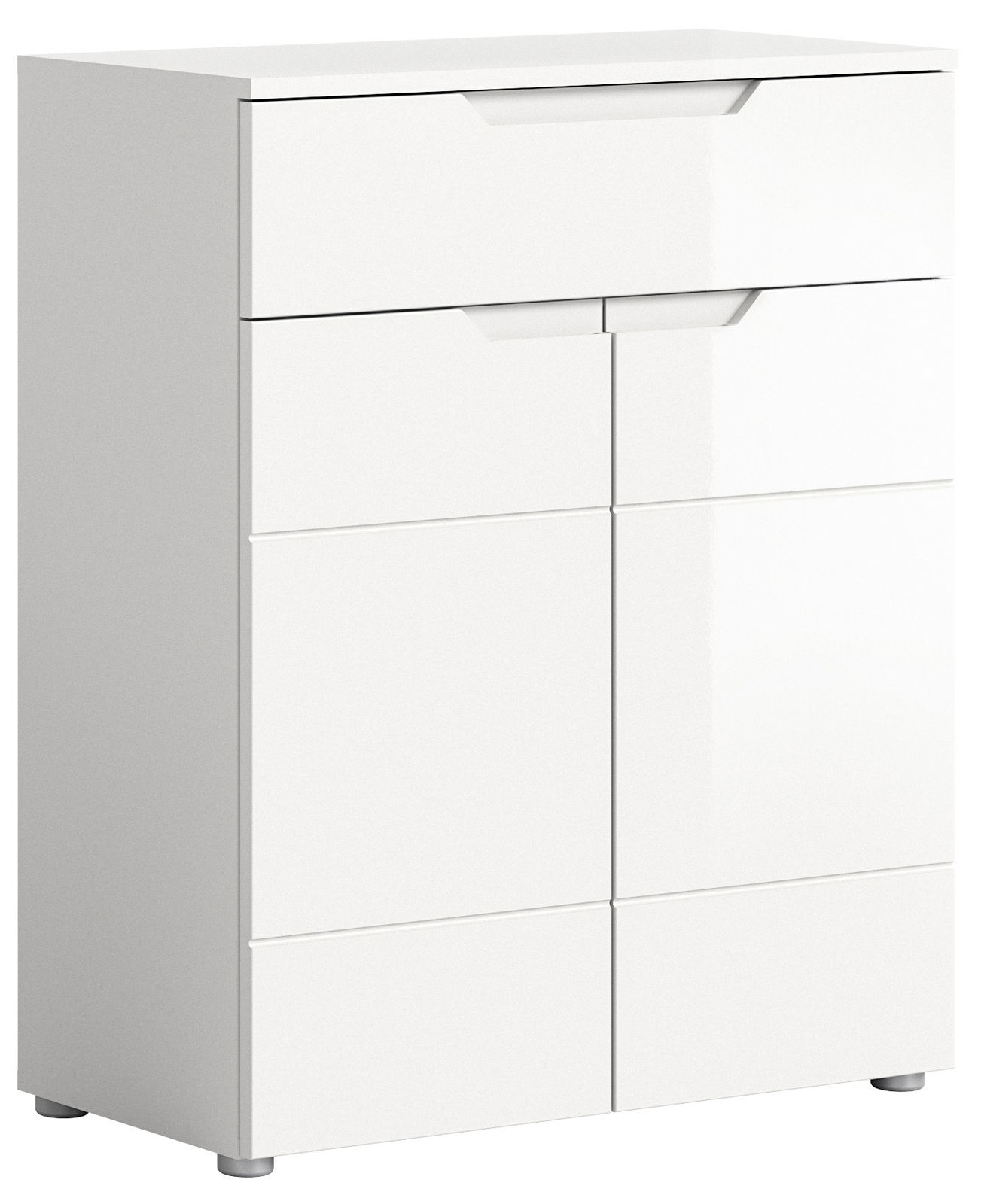 MID.YOU Schuhkommode HILTON Weiße Schuhkommode mit zwei Schubladen und mehreren Türen, seitliche Perspektive