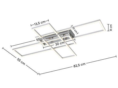 LED-Deckenleuchte mit modernem, geometrischem Design, seitliche Perspektive, Maße: 82,5 cm x 55 cm x 8 cm