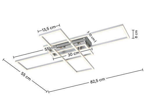 LED-Deckenleuchte mit modernem, geometrischem Design, seitliche Perspektive, Maße: 82,5 cm x 55 cm x 8 cm