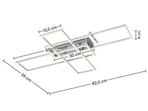 LED-plafondlamp met een modern, geometrisch ontwerp, zijaanzicht, afmetingen: 82,5 cm x 55 cm x 8 cm