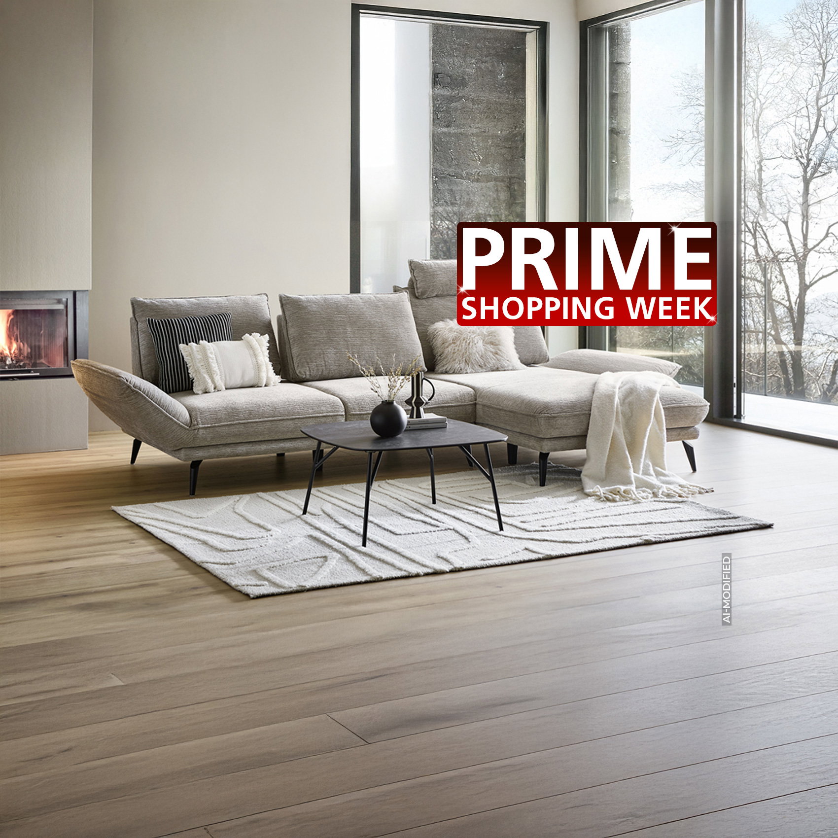 AI-modified: Modernes Wohnzimmer mit grauem Ecksofa, Kamin und großen Fenstern; „Prime Shopping Week“-Logo.