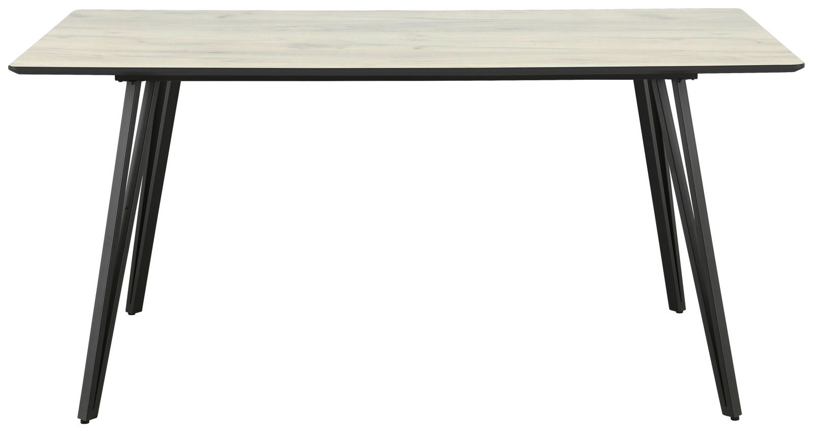 Moderner Esstisch mit heller Tischplatte und schwarzen, schrägen Beinen, seitliche Perspektive