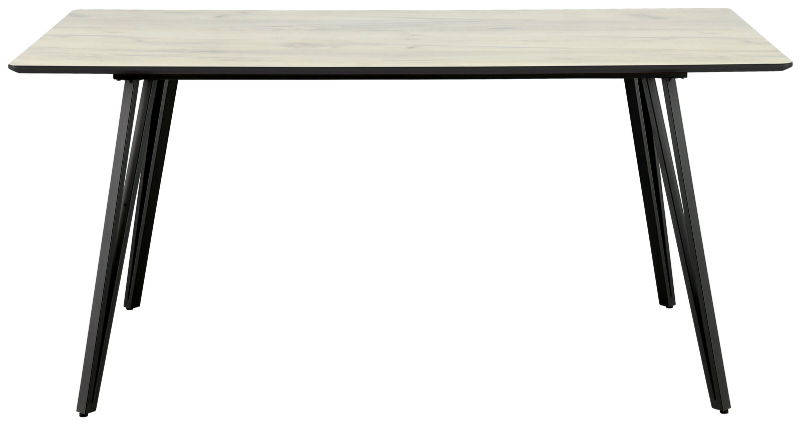 Moderner Esstisch mit heller Tischplatte und schwarzen, schrägen Beinen, seitliche Perspektive