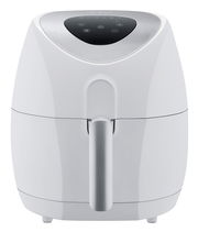 Vorderansicht einer weißen Heißluftfritteuse mit digitalem Bedienfeld.