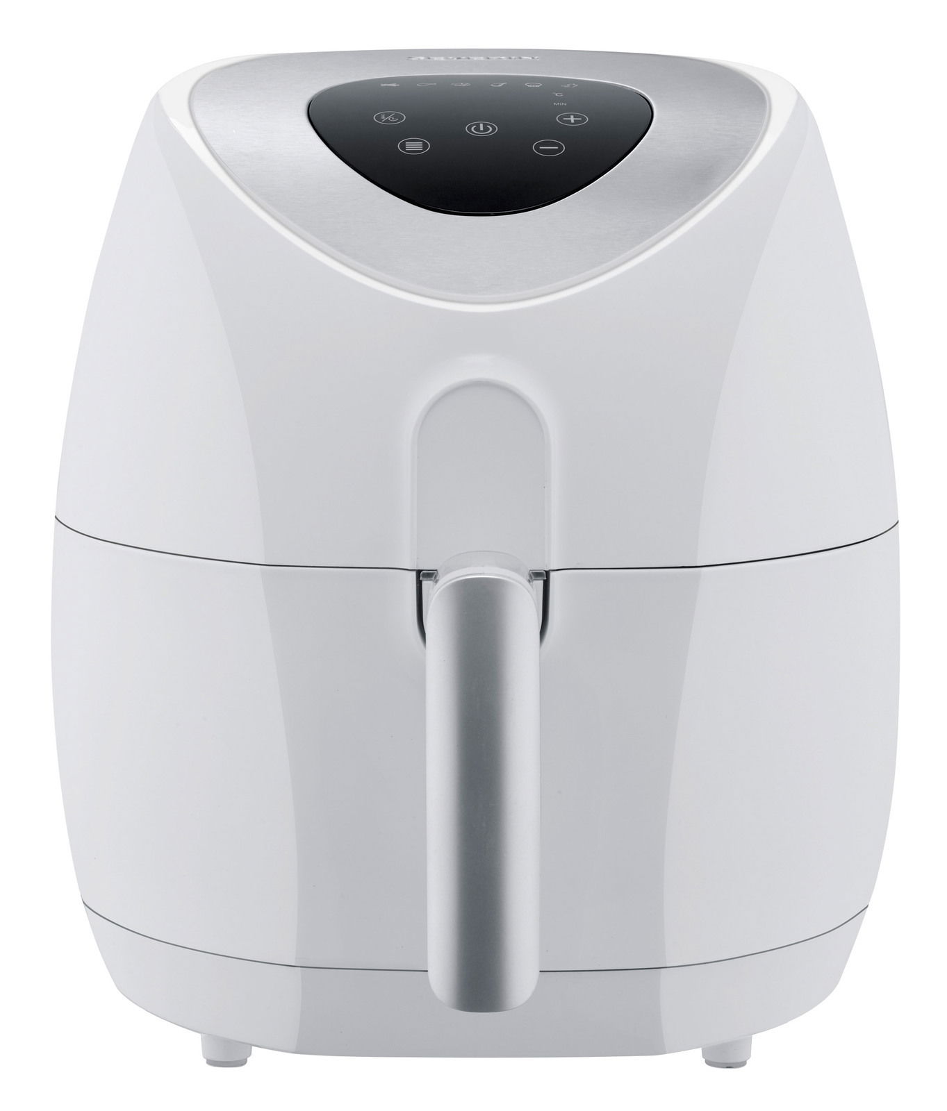 Vorderansicht einer weißen Heißluftfritteuse mit digitalem Bedienfeld.