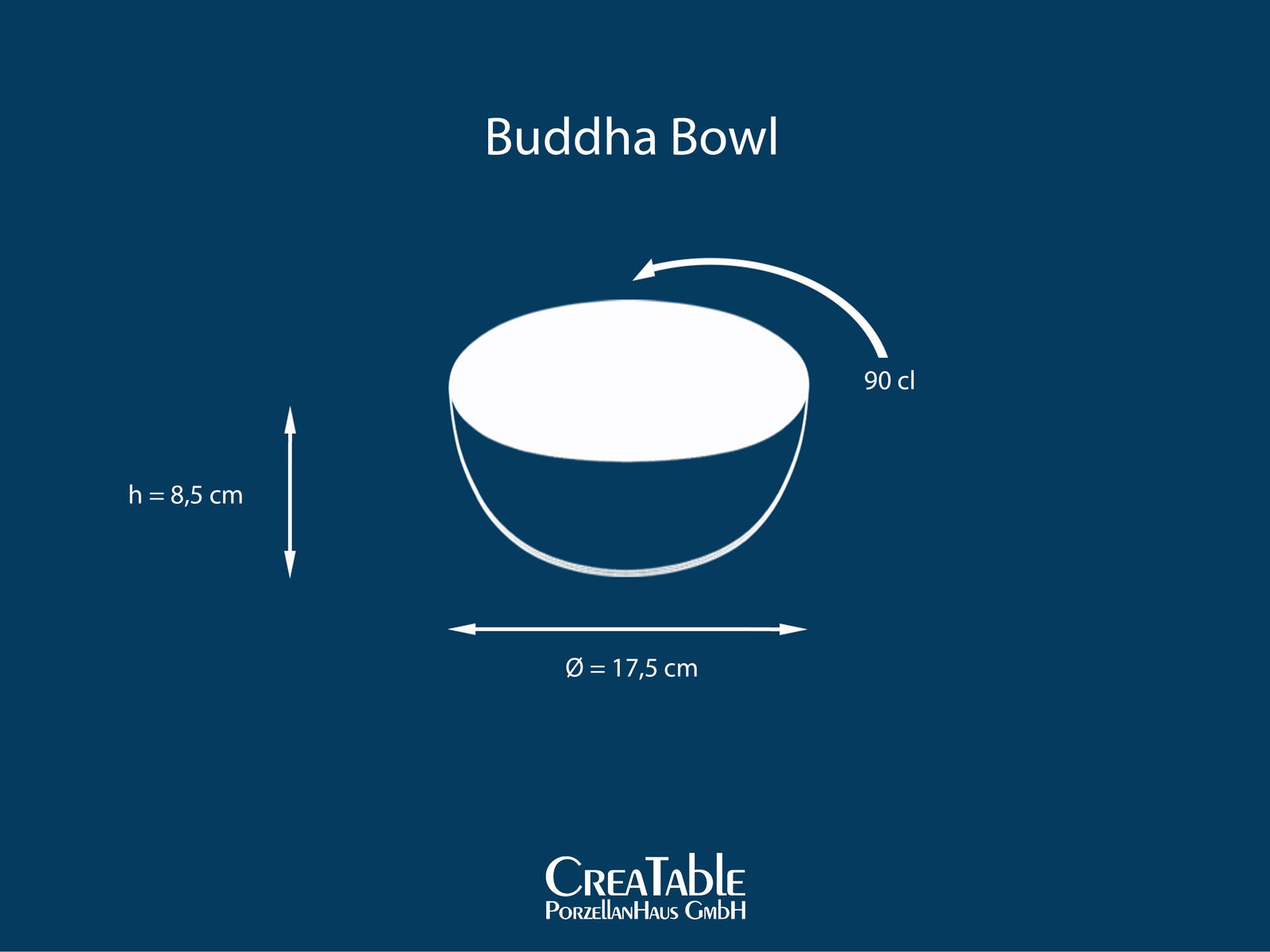 Illustration einer Buddha Bowl mit den Maßen: Höhe 8,5 cm, Durchmesser 17,5 cm, Fassungsvermögen 90 cl, seitliche Perspektive.