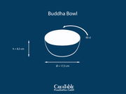 Illustration einer Buddha Bowl mit den Maßen: Höhe 8,5 cm, Durchmesser 17,5 cm, Fassungsvermögen 90 cl, seitliche Perspektive.